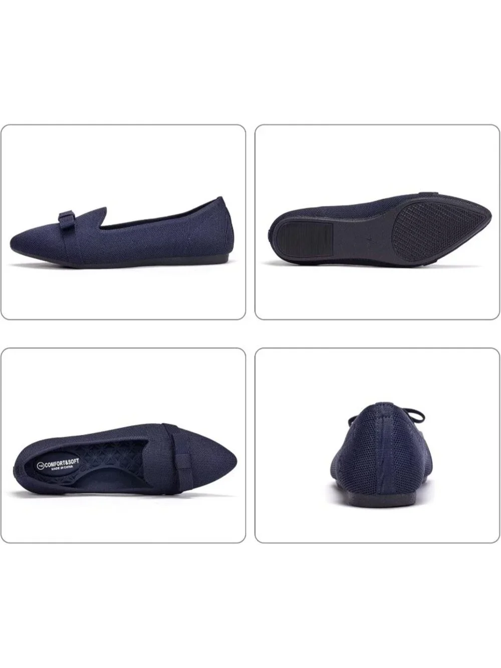 Women's Navy Comfortable Knit Casual Pointed Toe Ballet Flats with Bow Shoes